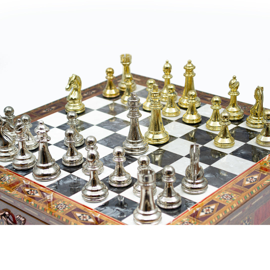 Luxury Wooden Chess Set With Storage Units And Gold And Silver Metal Chess Pieces (Black Board)