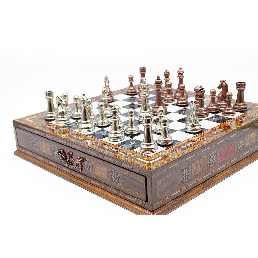 Luxury Wooden Chess Set With Storage Units And Copper And Silver Metal Chess Pieces (Black Board)