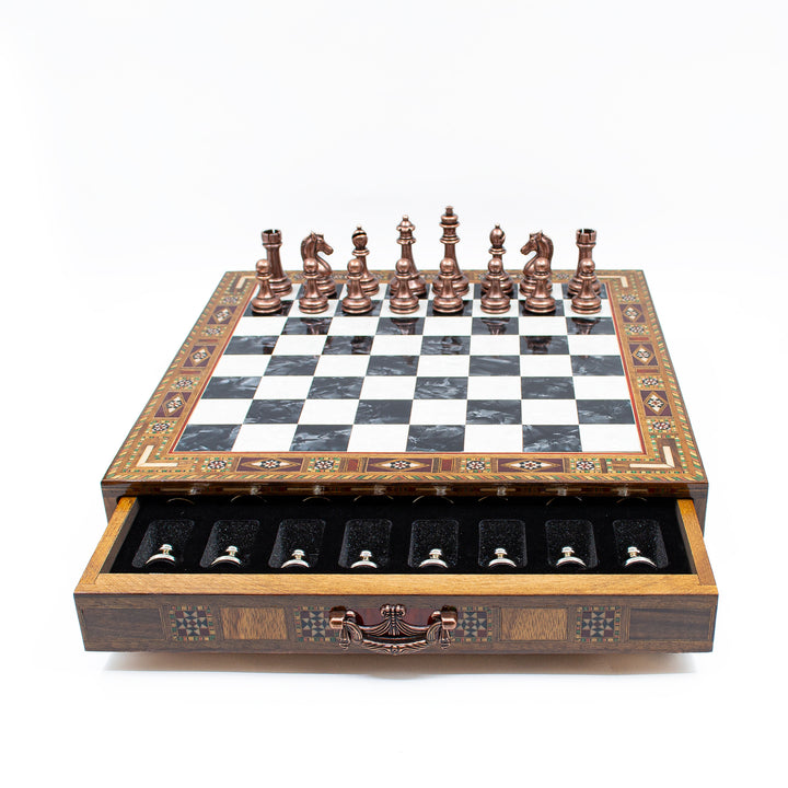 Luxury Wooden Chess Set With Storage Units And Copper And Silver Metal Chess Pieces (Black Board)