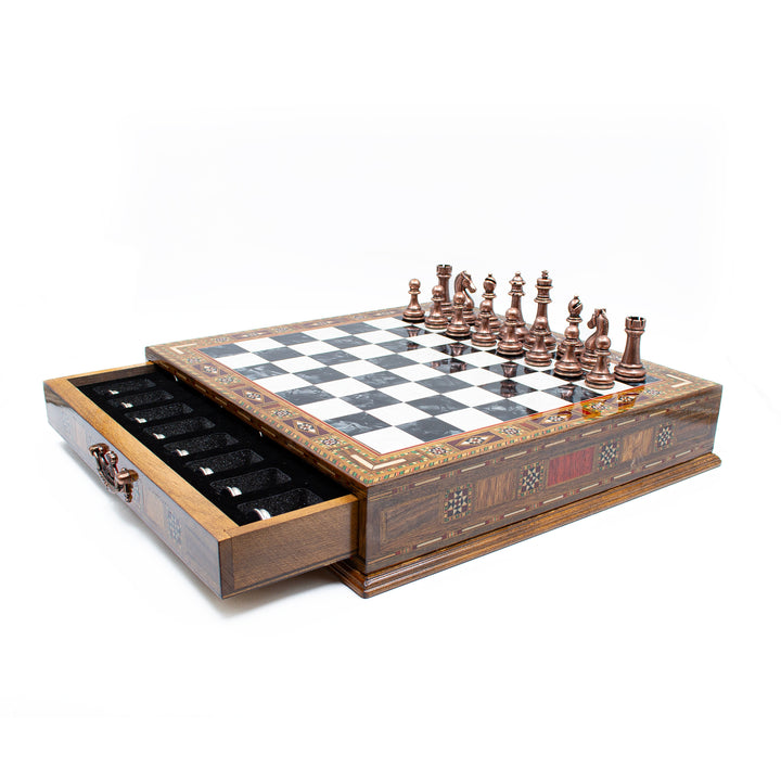 Luxury Wooden Chess Set With Storage Units And Copper And Silver Metal Chess Pieces (Black Board)