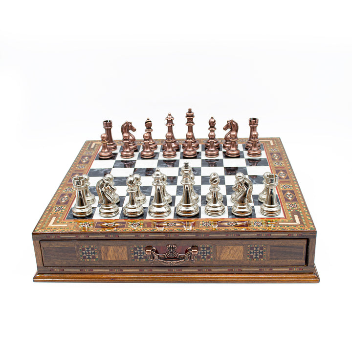 Luxury Wooden Chess Set With Storage Units And Copper And Silver Metal Chess Pieces (Black Board)