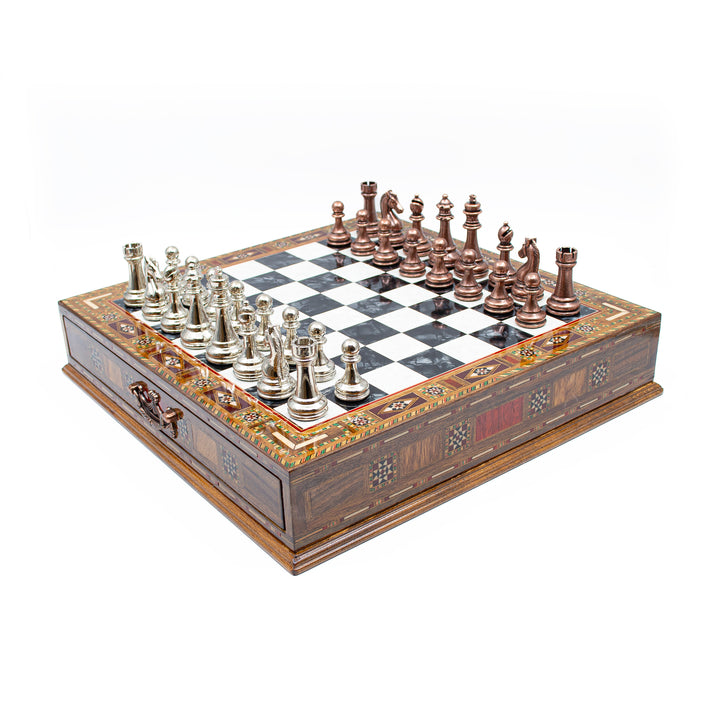 Luxury Wooden Chess Set With Storage Units And Copper And Silver Metal Chess Pieces (Black Board)