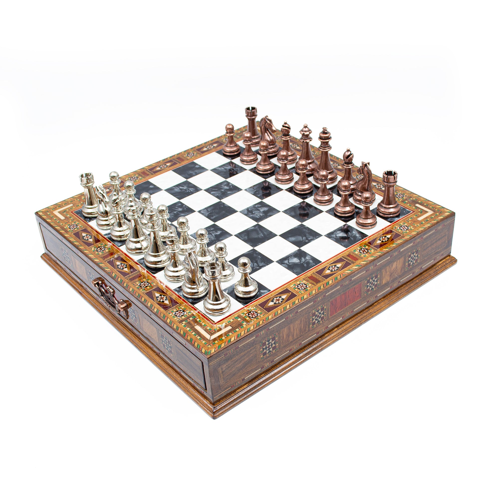 Luxury Wooden Chess Set With Storage Units - Copper And Silver Metal Chess Pieces (Black Chess Board) - My Chess Sets