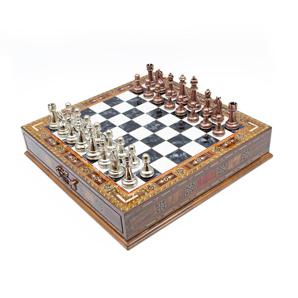Luxury Wooden Chess Set With Storage Units - Copper And Silver Metal Chess Pieces (Black Chess Board)