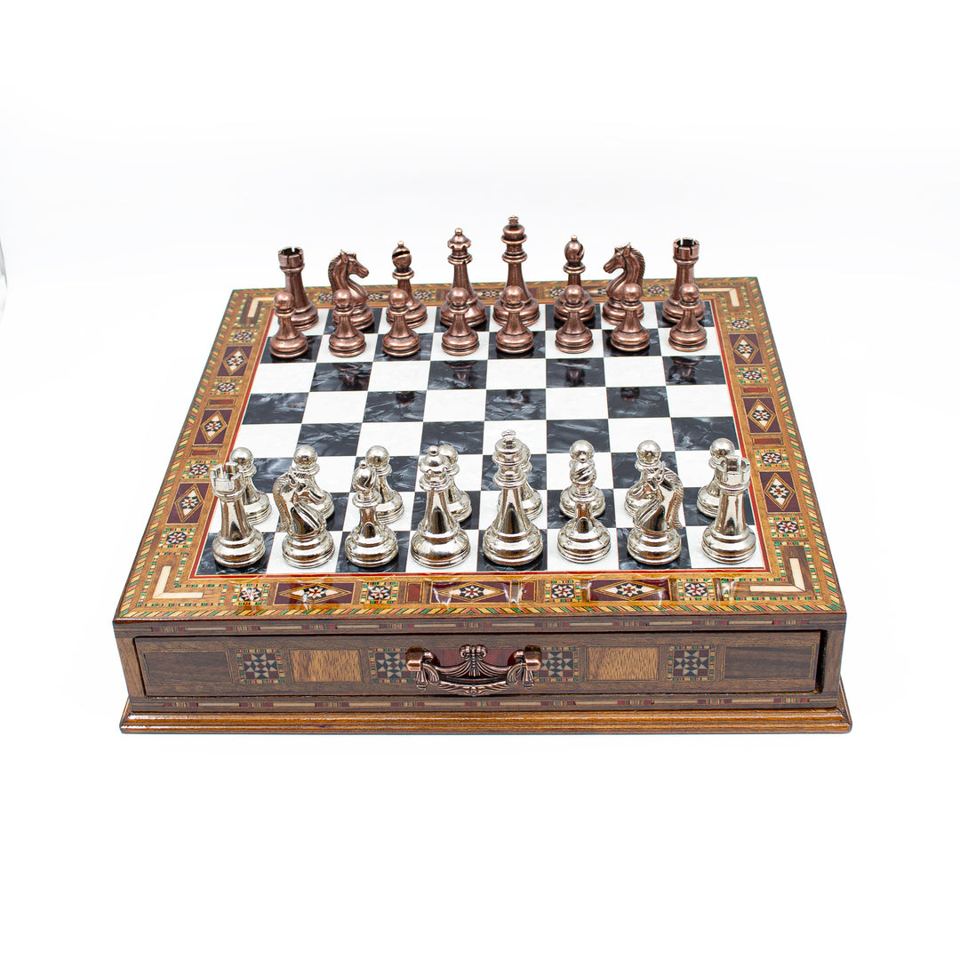 Luxury Wooden Chess Set With Storage Units And Copper And Silver Metal Chess Pieces (Black Board)