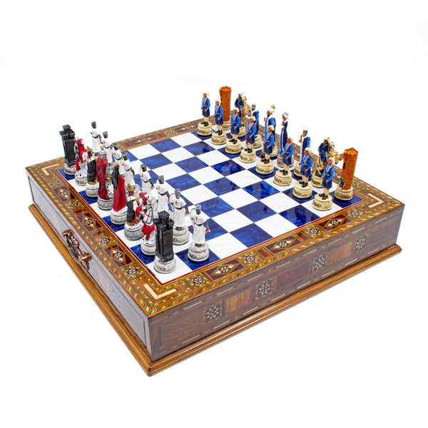 Crusaders and Ottoman Army’s Hand Painted Themed Chess Set With Storage Drawer