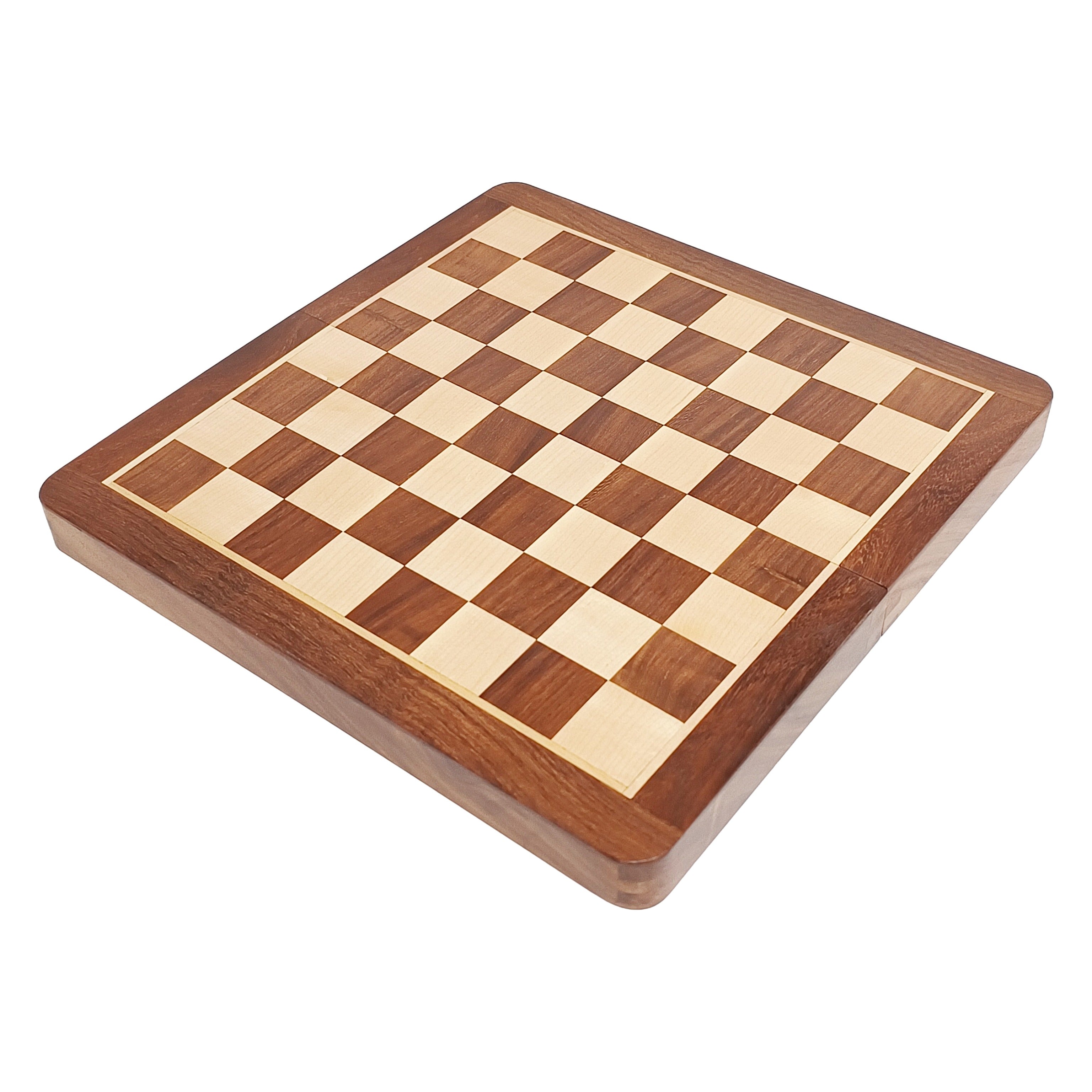 Magnetic travel chess set board in golden rosewood and maple, showing a classic checkered pattern.