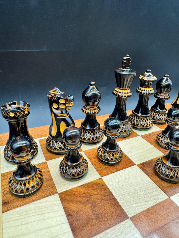 Burnt Staunton Chess Pieces - 3.9" King - In Boxwood